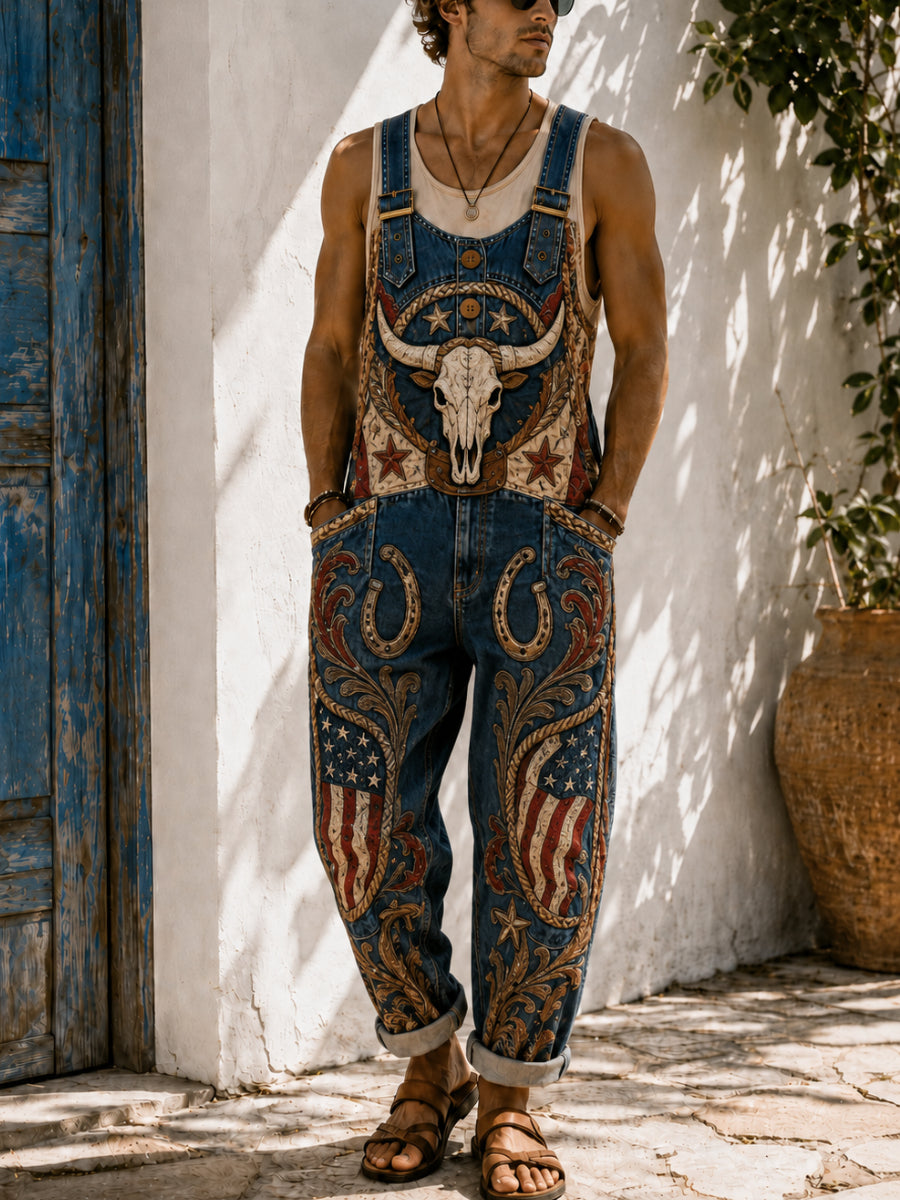 Men's Retro Art Print Casual Sleeveless Denim Patchwork Jumpsuit